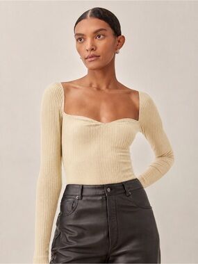 Reformation October beige cream long-sleeve ribbed knit top